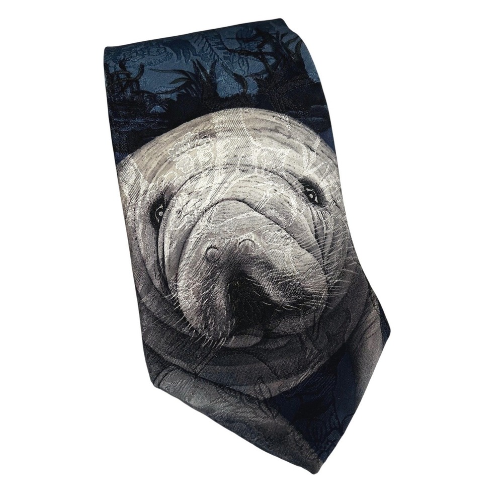 Endangered Species Mens 100% Silk Florida Manatee Graphic Print Tie Blue Sea Cow